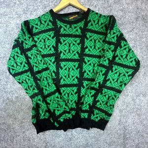 Vintage Inventions Sweater Women Large Green Patterned Retro 80s Bold Maximalist